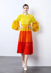 Ombre Pleated Dress - Ruffle Sleeve